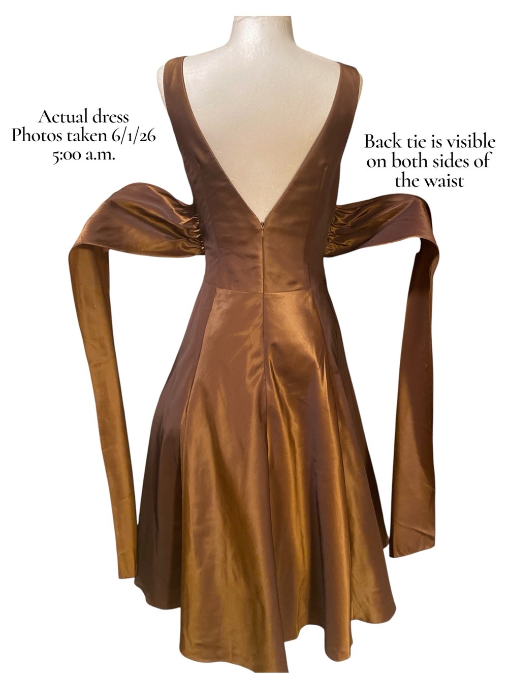 Nicole Miller Bronze Copper Chocolate Brown Midi Dress with Back Bow - Picture 8 of 13